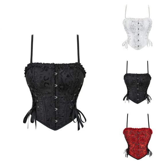 Overbust Corset Tops for Women Vintage Renaissance Floral Jacquard Lace Up Push Up Bustier with Straps Waist Cincher