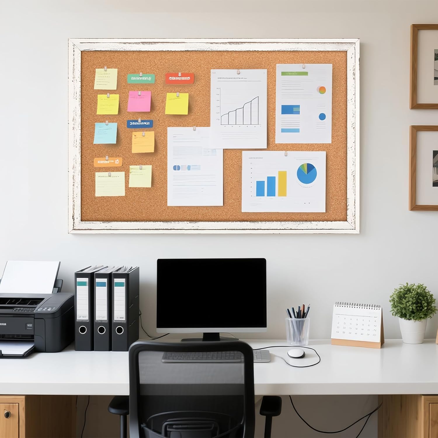 Cork Board Bulletin Board, 36" x 24" Corkboard for Wall, Rustic White Wooden Frame, Hanging Pin Board for Home & Office Decor, 10 Push Pins