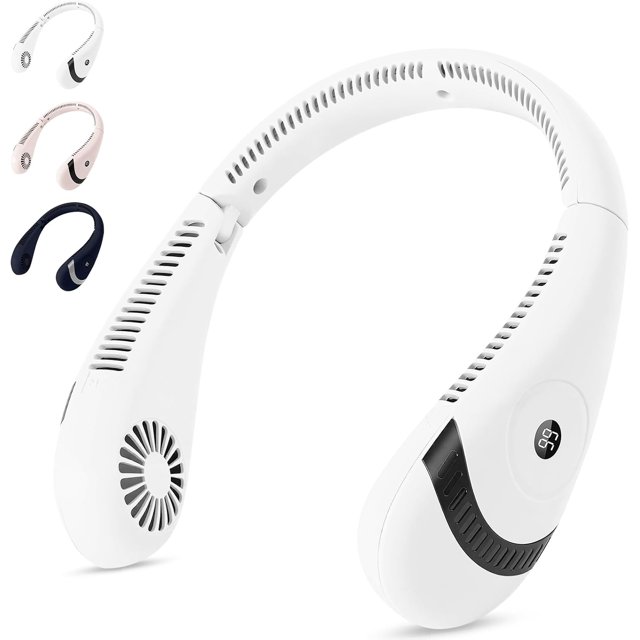 Ventilador Portátil Recargable, con Pantalla LED, 3 Velocidades, 5000 mAh, Ventilador de Cuello Plegable, Rotación sin Aspas de 360°, para Hogar, Oficina, Viajes, Deportes,Blanco