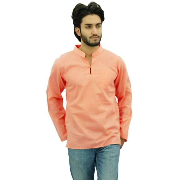 Atasi Men's Band Collar Short Kurta Peach Cotton Casual Tunic Shirt-Small