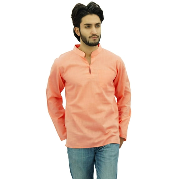 Atasi Men's Band Collar Short Kurta Peach Cotton Casual Tunic Shirt-XXX-Large