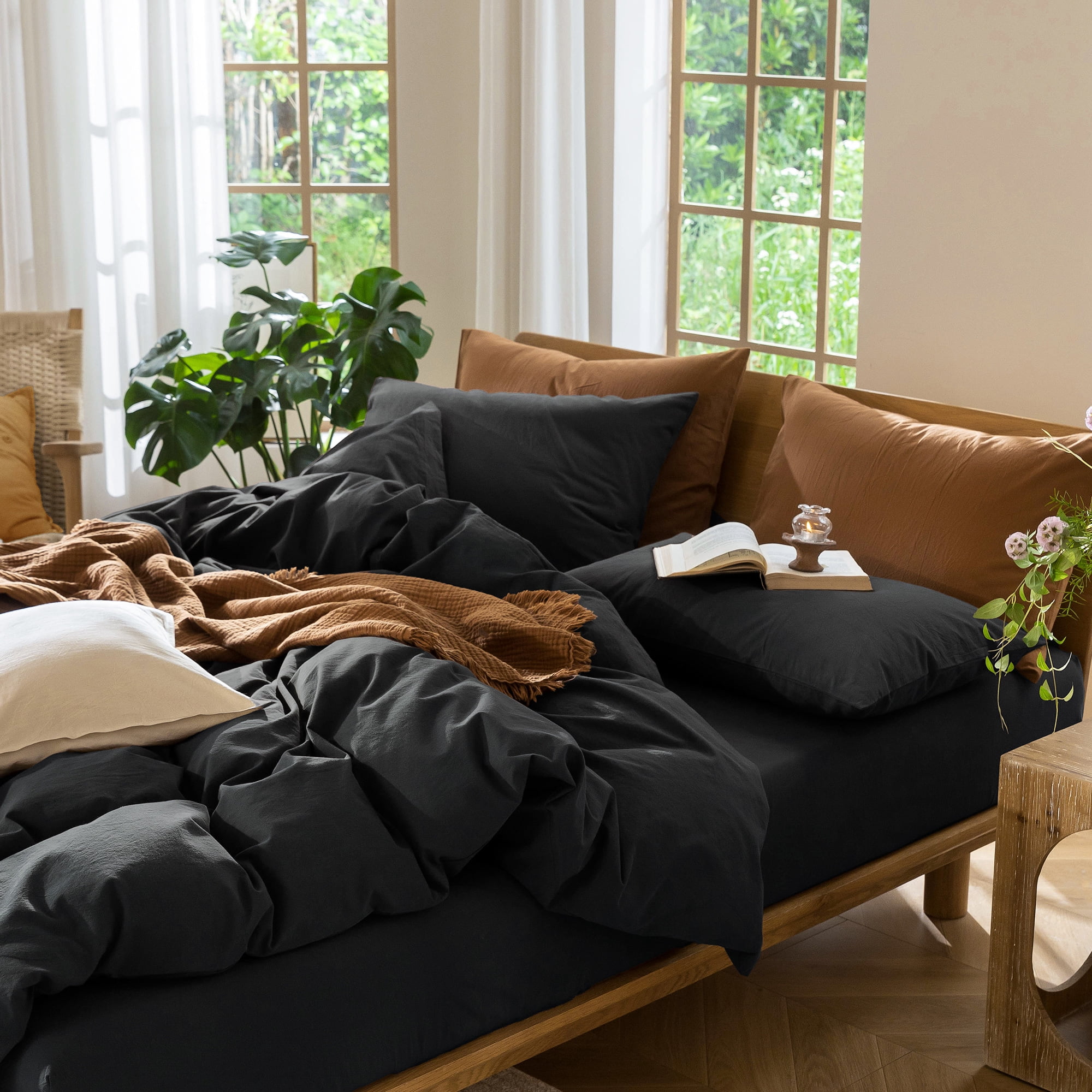 MooMee Duvet Cover Set Full 100% Washed CottonLinen Like Textured Breathable 3-Piece (Black, 80"x90")