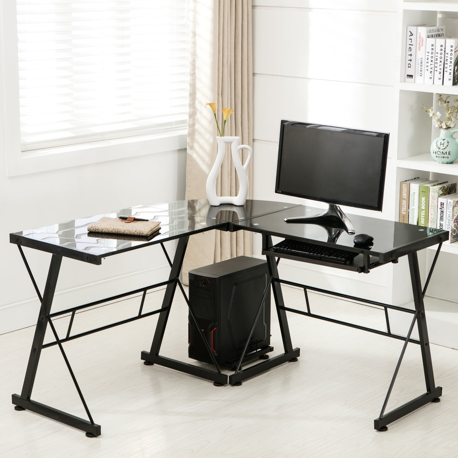 Uenjoy L Shape Pc Glass Corner Black Computer Desk Laptop Table Uenjoy L Shape Pc Glass Corner Black Computer Desk Laptop Table Workstation Home Office Com