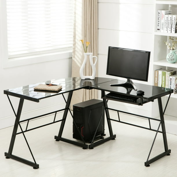 Uenjoy LShape PC Glass Corner Black Computer Desk Laptop Table