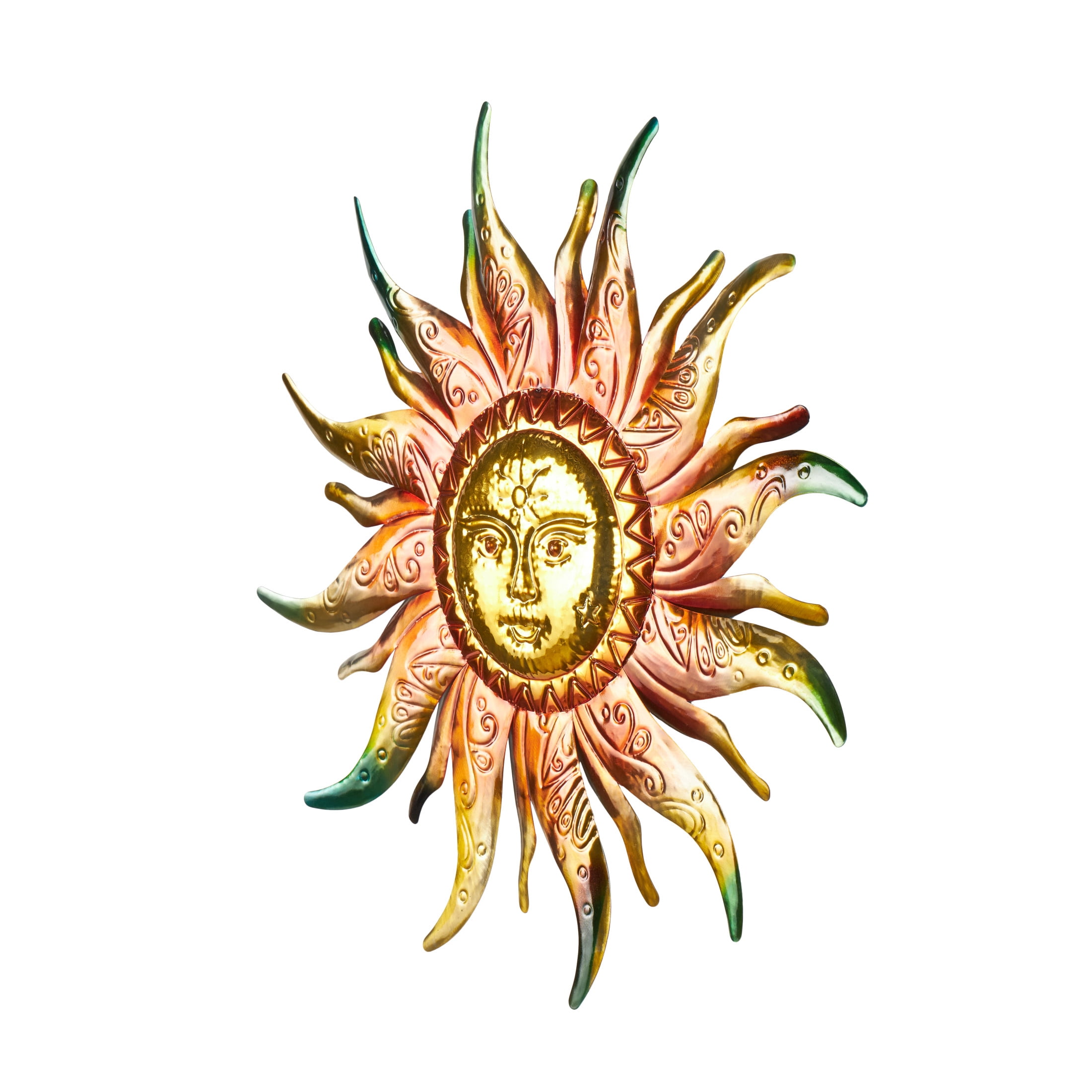 DecMode Gold Stainless Steel Metal Face Sun Wall Decor with Red, Green, and Orange Accents