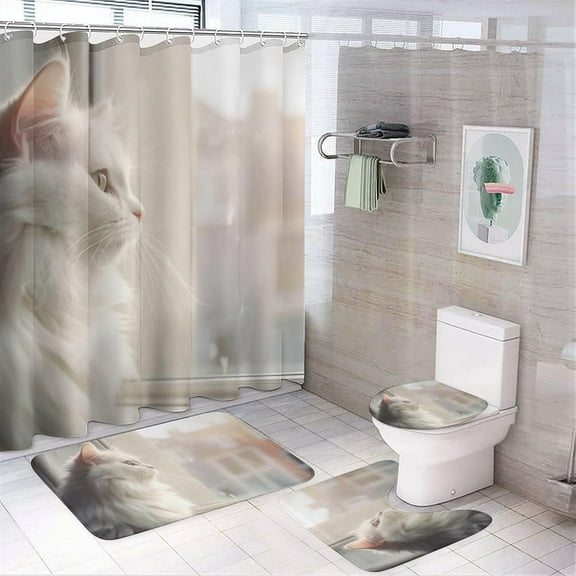 White Cat 4 Pieces Shower Curtain Sets Modern Interesting Animal Bathroom Decor Set Bathroom Accessory Sets with Rugs and Toilet Lid Cover