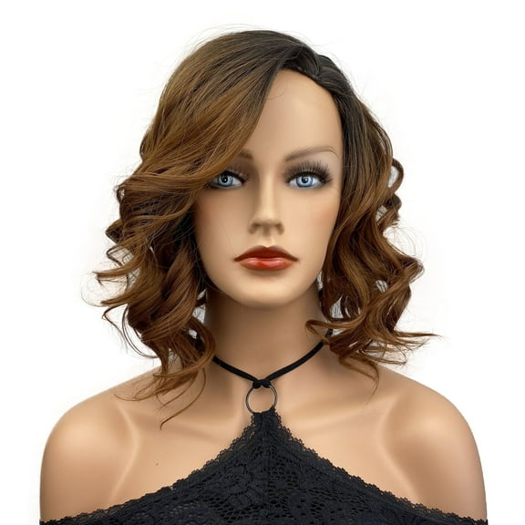 Short Wavy bod Wig for Women, Side Parting Wig, Natural Looking, Ombre Medium Brown Golden 12 Inch