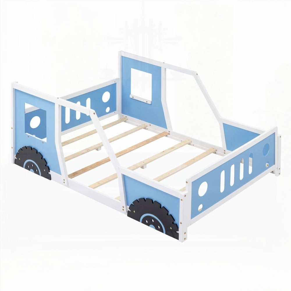 Classic Full Size Blue Car-Shaped Platform Bed on Wheels, Crafted with Pine Wood and MDF