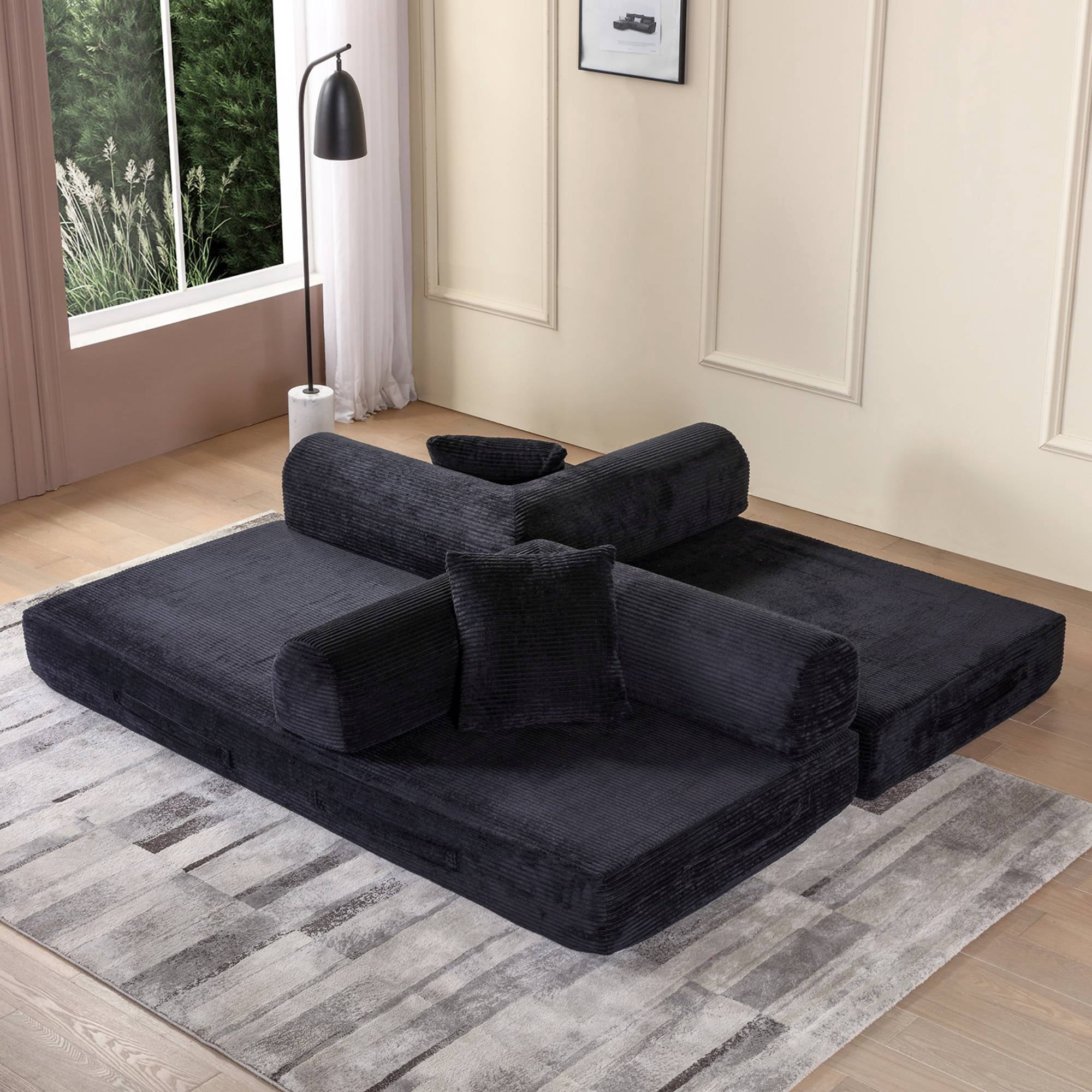 Convertible Sleeper Sofa Bed with Pillow, Corduroy Folding Mattress Floor Sofa Lounge Couch for Living Room, Bedroom, Black