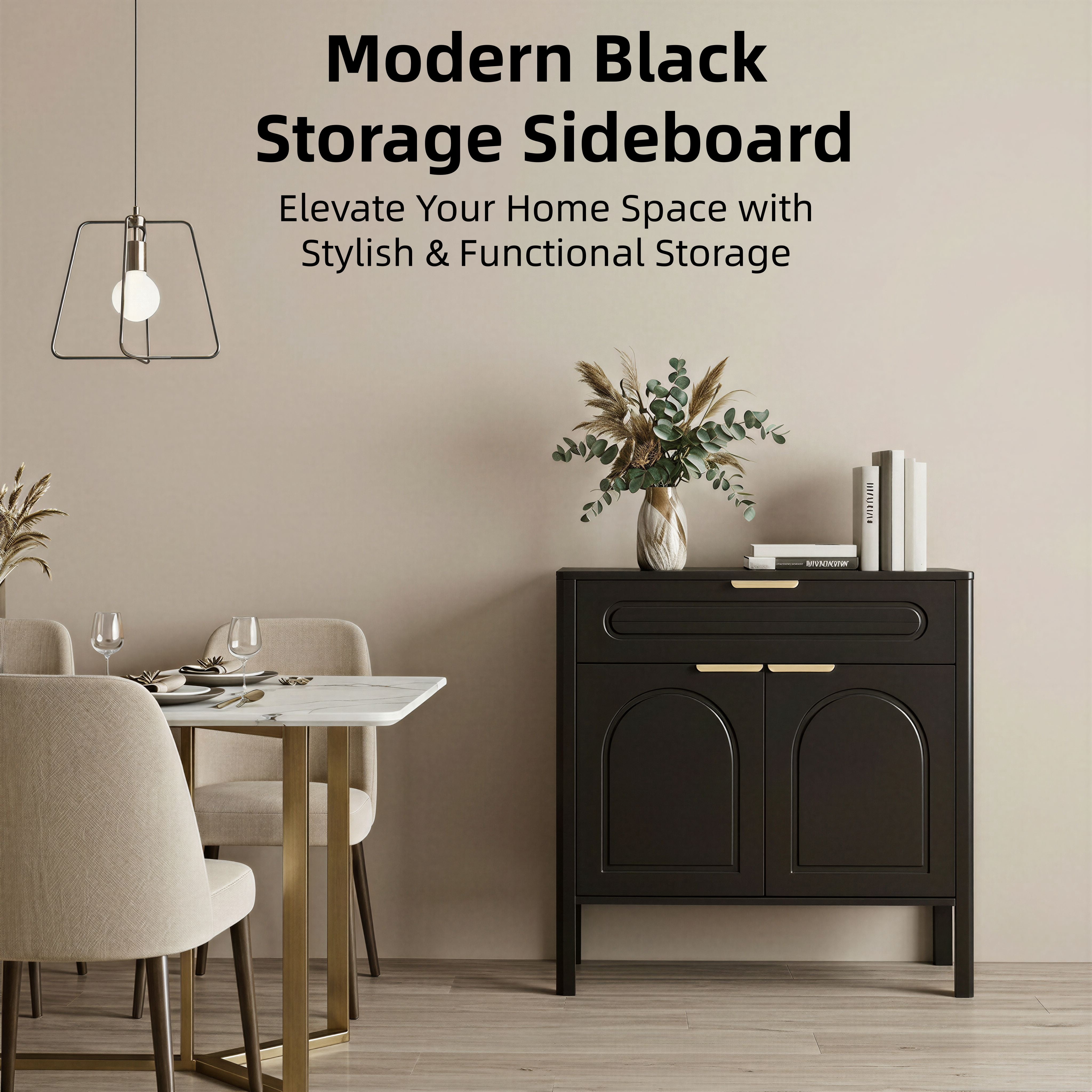 GARITIN Arched Accent Storage Cabinet 29.5 Inch, Freestanding Sideboard Buffet with Drawer and Gold Metal Handles for Entryway Living Room, Black