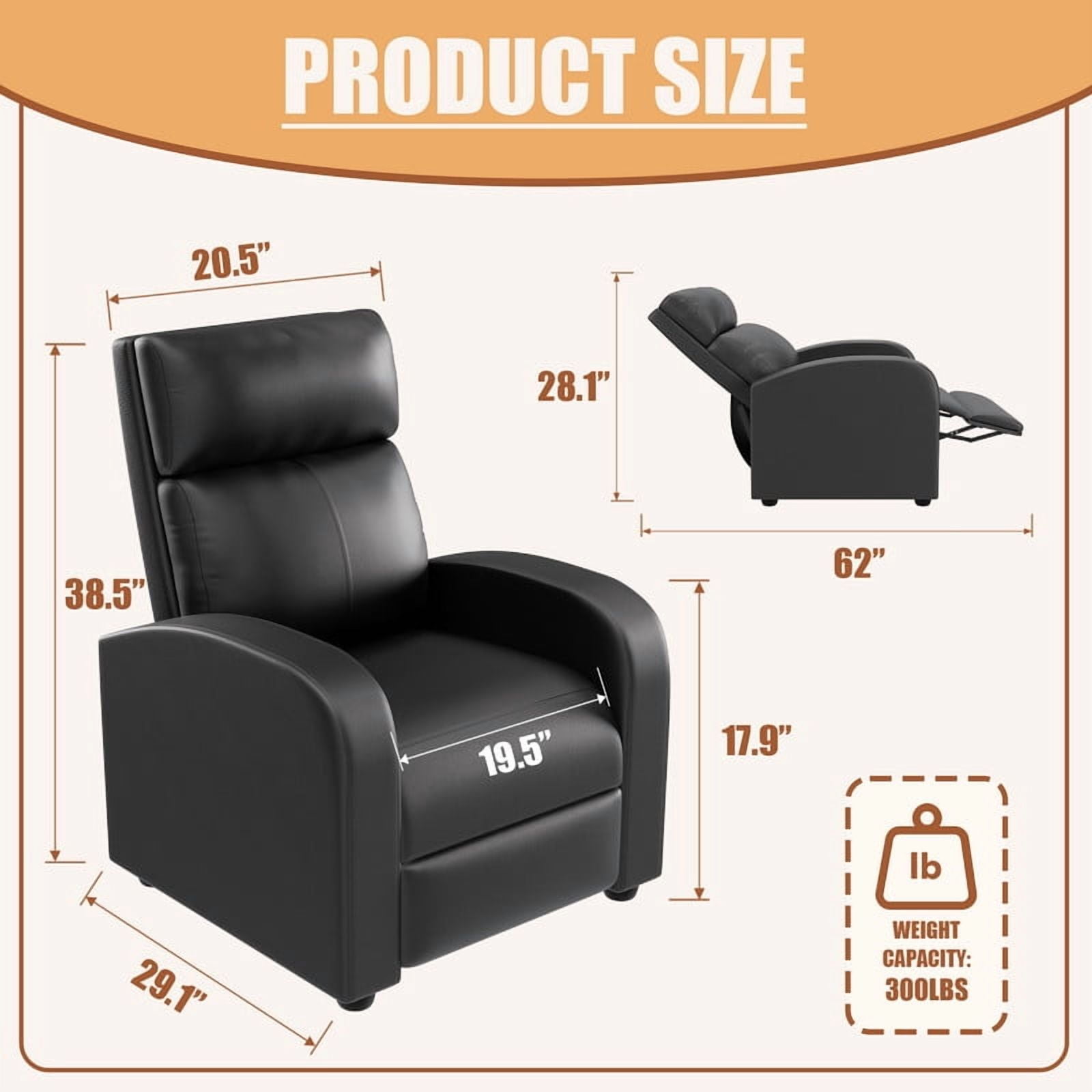 Furmax Recliner Chair Pu Leather Single Sofa Home Theater Recliners with 2 Point Massage Function for Living Room,PU Black