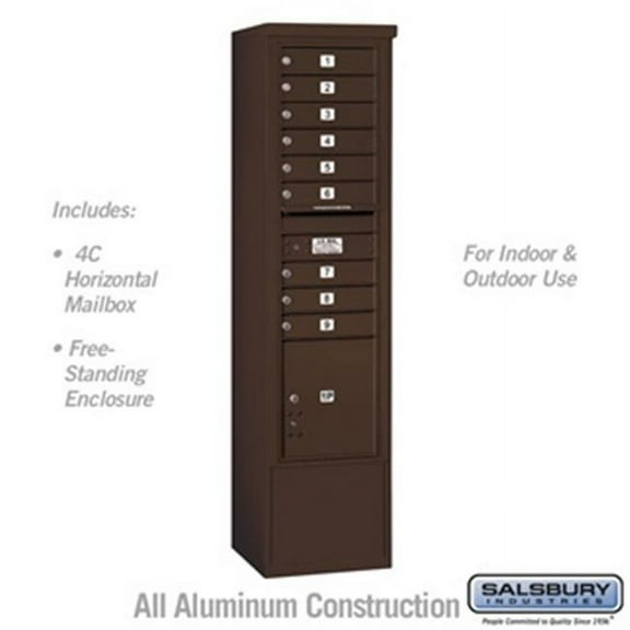 Salsbury 3916S-09ZFU 72 in. Maximum Height Unit Single Column 9 MB1 Doors & 1 PL4.5 Front Loading Free Standing 4C Horizontal Mailbox Unit, Bronze - USPS Access