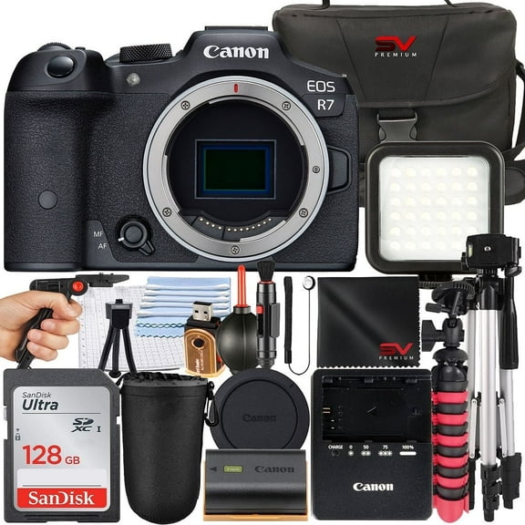 Canon EOS R7 Mirrorless Camera (Body Only) with SanDisk 128GB Memory Card   Case   Tripod   SV Premium Accessory Bundle (International Version)