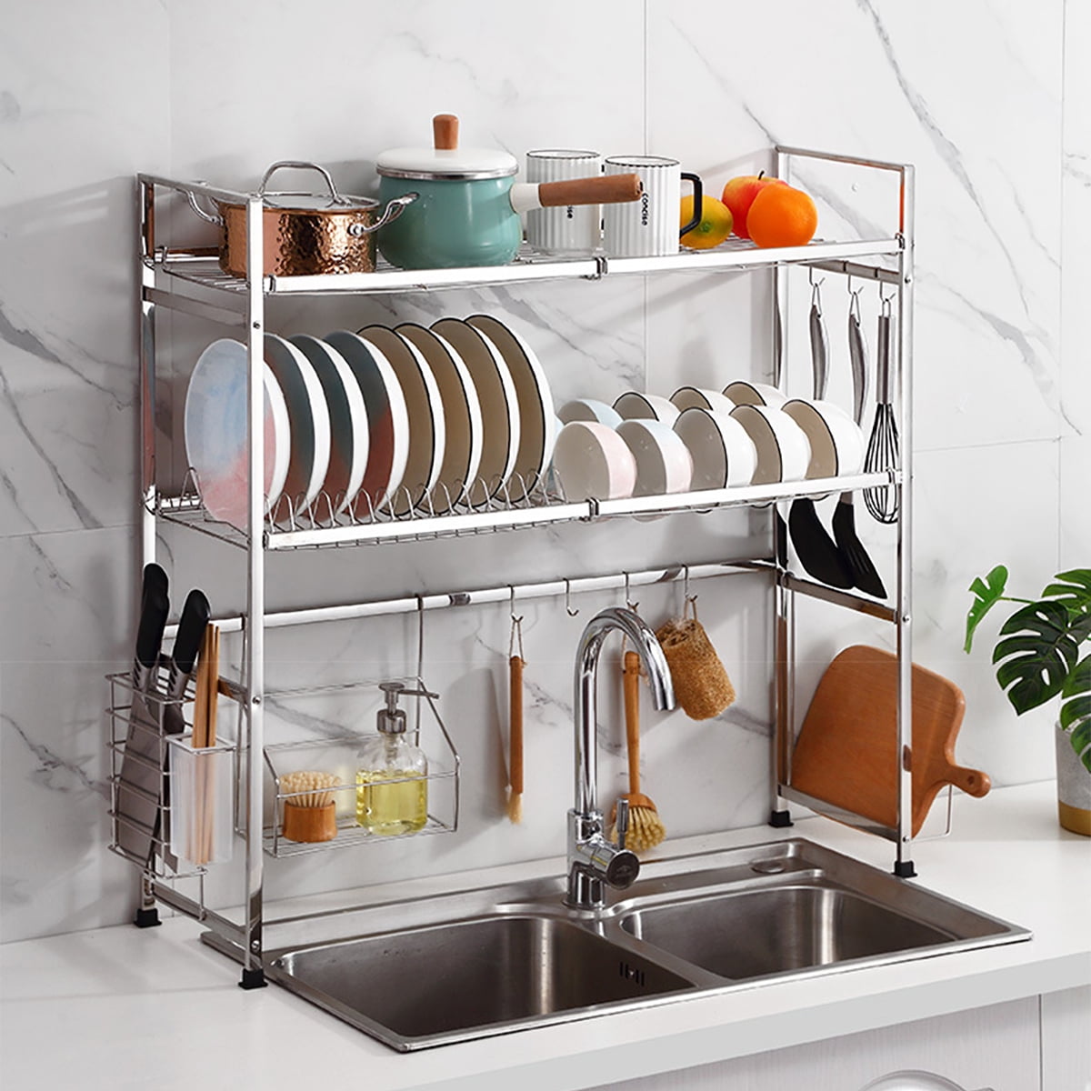 Details about   2 Tier Stainless Steel Dish Rack Over Sink Bowl Shelf Organizer Cutlery Holder 
