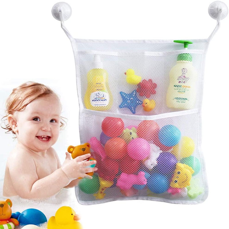 YiMing Bath Toy Organizer Tidy Bathroom Storage Net Mesh Bags Bathtub Mesh Net Baby Toy Storage Bin with Multiple Pockets and Strong Suction Cups 