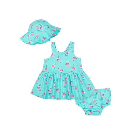 Sleeveless Dress with Diaper Cover & Sun Hat, 3pc Outfit Set (Baby Girls)