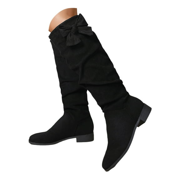 Mepaouo Women's Knee High Boots Low Chunky Heel Round Toe Riding Boot Pleated Dress Suede Slouch Boots