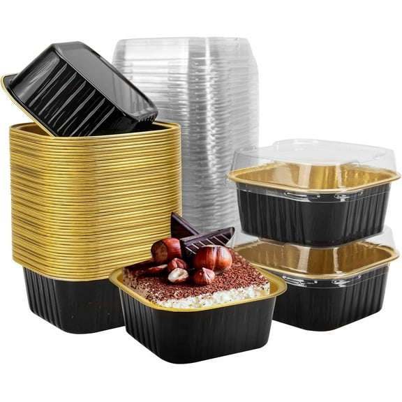 50 Pcs Mini Square Baking Cups with Lids,5oz Aluminum Foil Mini Cake Pans with Lids,Disposable Ramekins Cake Pans,150ml Dessert Cups Cupcake Pans for Wedding Birthday Party,Black Gold