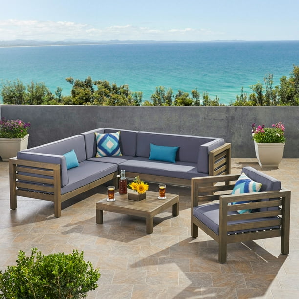 Frankie Outdoor 6 Seater Acacia Wood Sectional Sofa and Club Chair Set, Gray and Dark Gray 