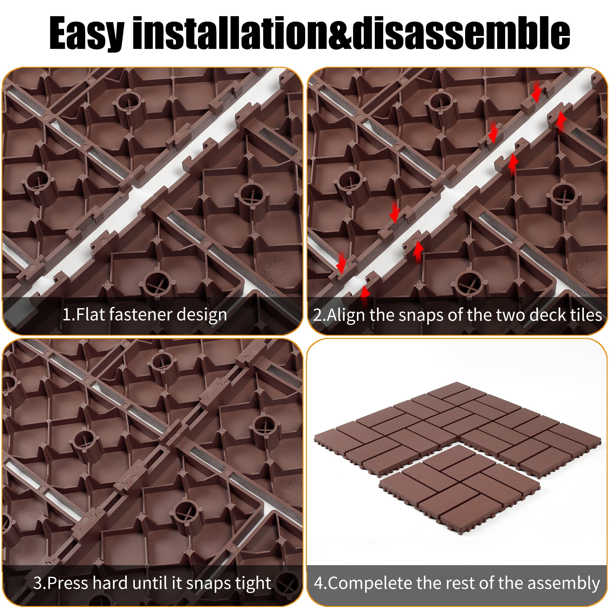 44 Pack Plastic Interlocking Deck Tiles,12"x12" Waterproof Indoor/Outdoor Floor Tiles,All-Weather Patio Floor Decking Tiles for Garden,Lawn,Porch,Poolside,Balcony,Checker Style,Brown