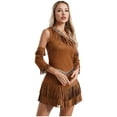 thumbnail image 2 of dPois Womens Ancient Greek Warrior Princess Costume Faux Suede Tassel Fringe Dress with Sleeves Brown XL, 2 of 7