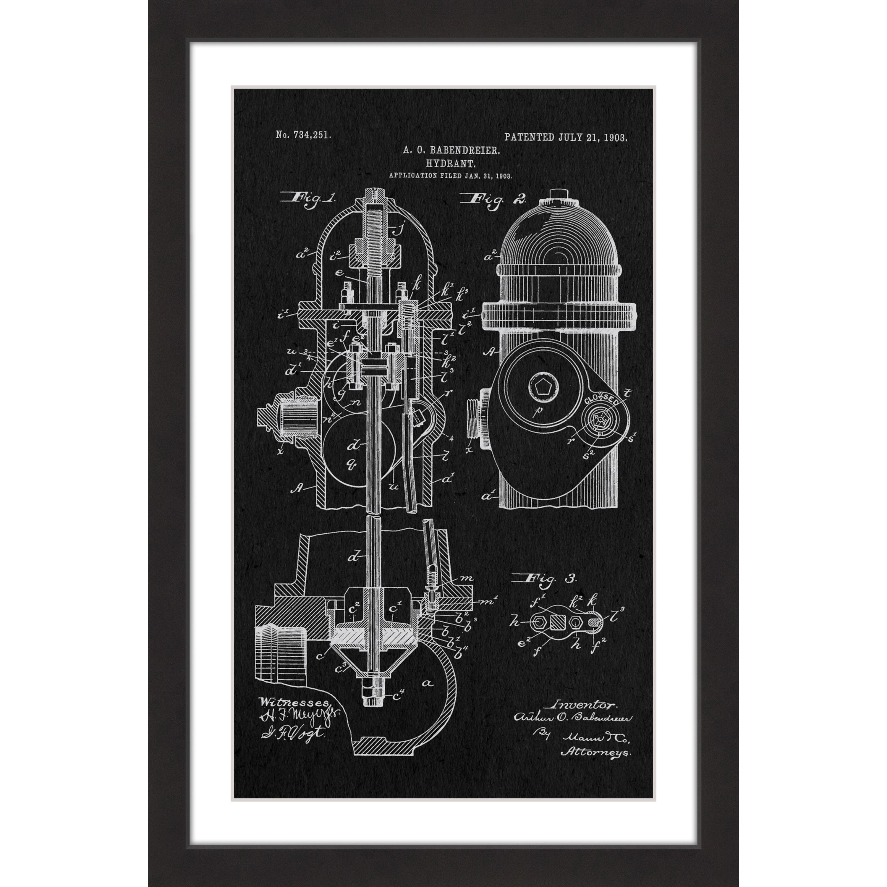 "Hydrant 1903 Black Paper" Framed Painting Print