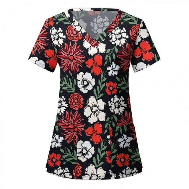 TopLLC Haut de Sarrau Extensible à Imprimé de Dessins Animés pour Femme avec Poches, Col en V, Uniforme Confortable, Tunique