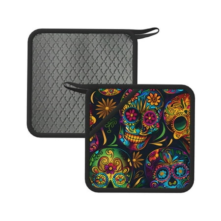 

2pcs Silicone Anti-Hot Hot Pads Oven Mitts Heat Resistant Pot Holders With Pockets Non Slip Oven Glove Potholder For Kitchen Cooking Bbq Baking 7.1in Festive Sugar Skulls (6)