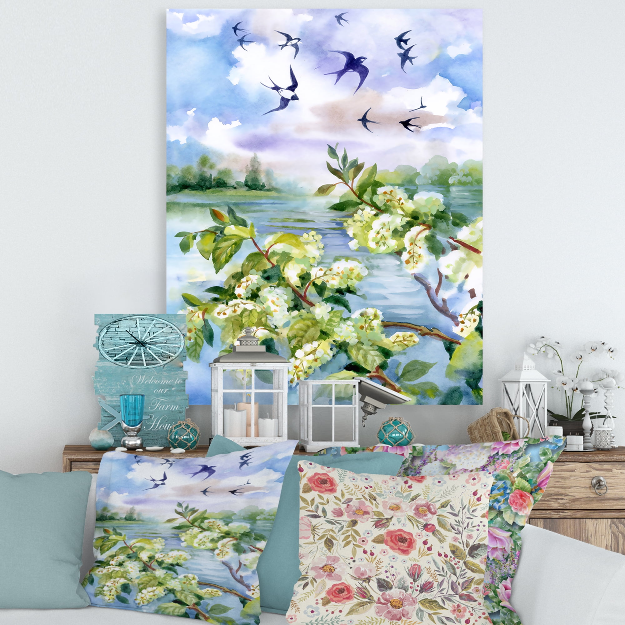 Designart ' Flowers of The Cherry Blossoms On A Spring Day Landscape ' Traditional Canvas Wall Art Print