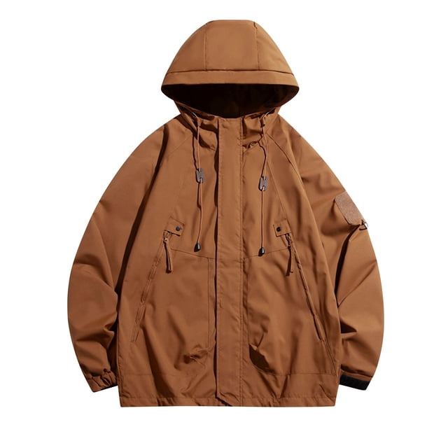 TIMIFIS Coupe-Vent à Capuche pour Hommes Couleur Café, Veste d'Automne à Fermeture Éclair Complète, Vestes de Pluie Décontractées et Amples pour la Randonnée en Plein Air