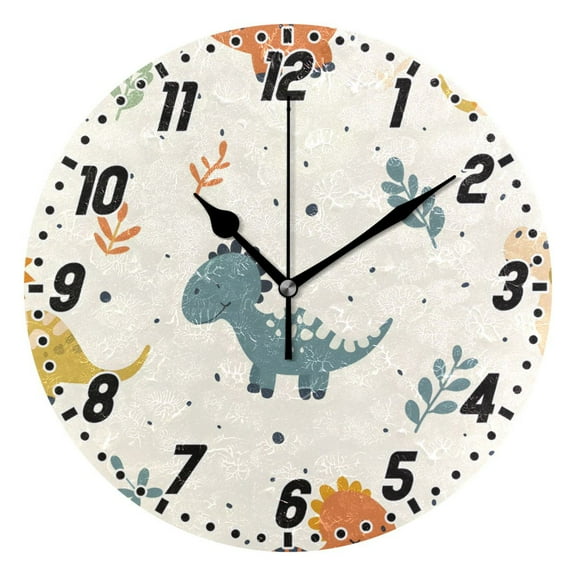 Cartoon Dinosaurs with Leaf Round Wall Clock Battery Operated Silent Non-Ticking Bedroom Office Kitchen Home School Decor 10"(Black)
