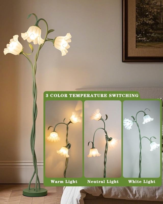 limotech Floral Floor Lamp, Standing Lamp for Bedroom, Flexible Neck,Modern 3-Head Living Room Lamp, 3 Color Temperatures Vintage Lamp for Home Living Room Corner, 60 Watt 15.7*15.7*59 Inch,Green
