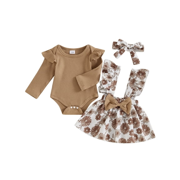 BemeyourBBs Newborn Baby Girls Spring Summer Fall Clothes Cute Infant Baby Girl Outfit Short Sleeve Ribbed Romper Top Floral Printed Suspender Skirt Overalls Skirts Headband Set