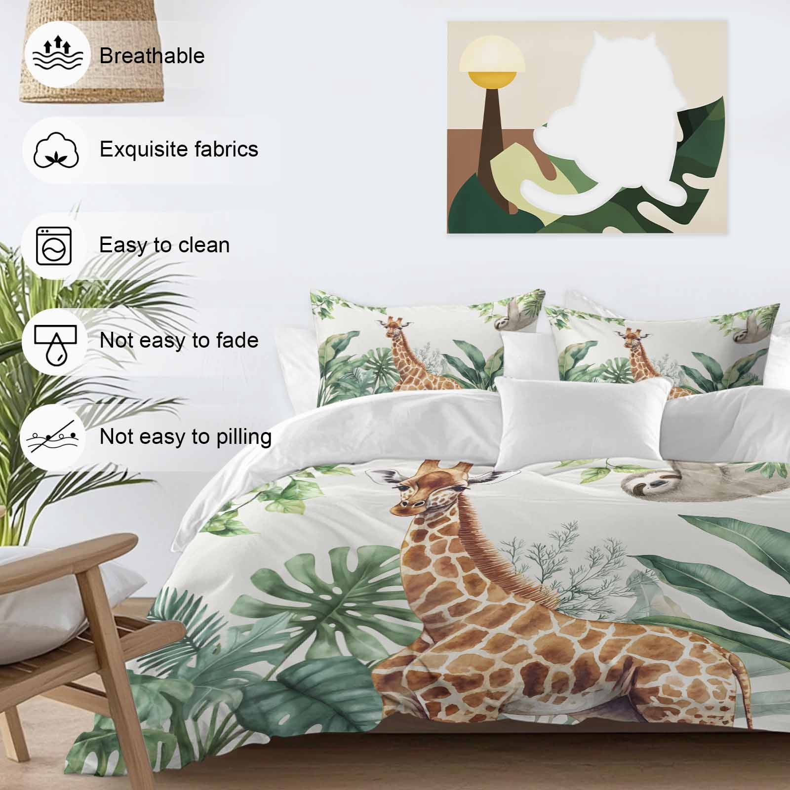 Tropical Giraffe Sloth Bedding 3 Piece Duvet Cover Set Queen Size, Watercolor Summer Palm Leaf Soft Microfiber Comforter Cover with Zipper Closure & Pillowcases, Wrinkle & FadeResistant Quilt Cover