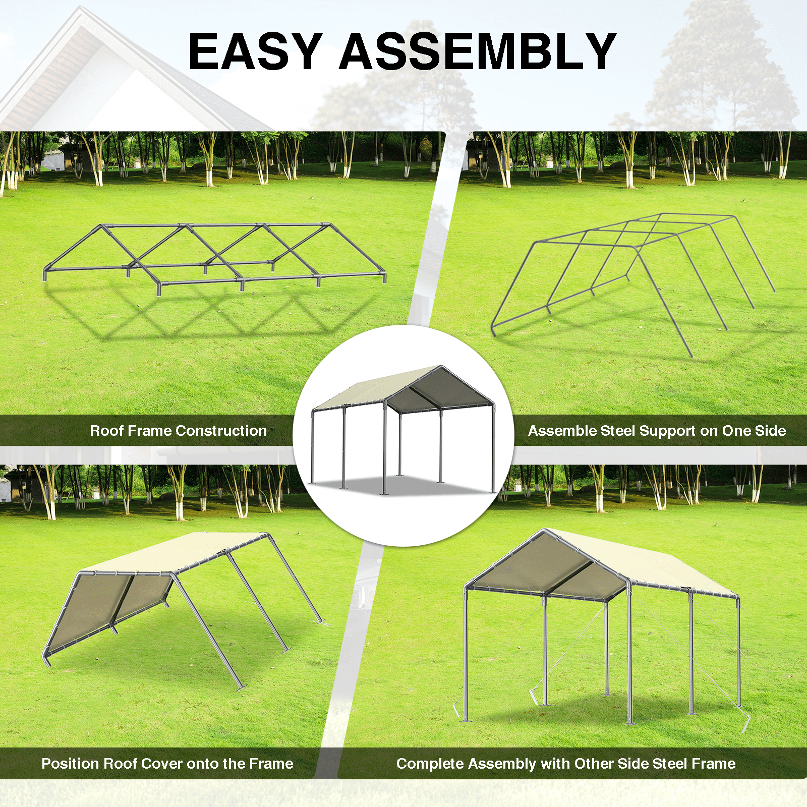 Grezjxc 10x20 ft Metal Carport Car Canopy Portable Car Tent Garage, Beige