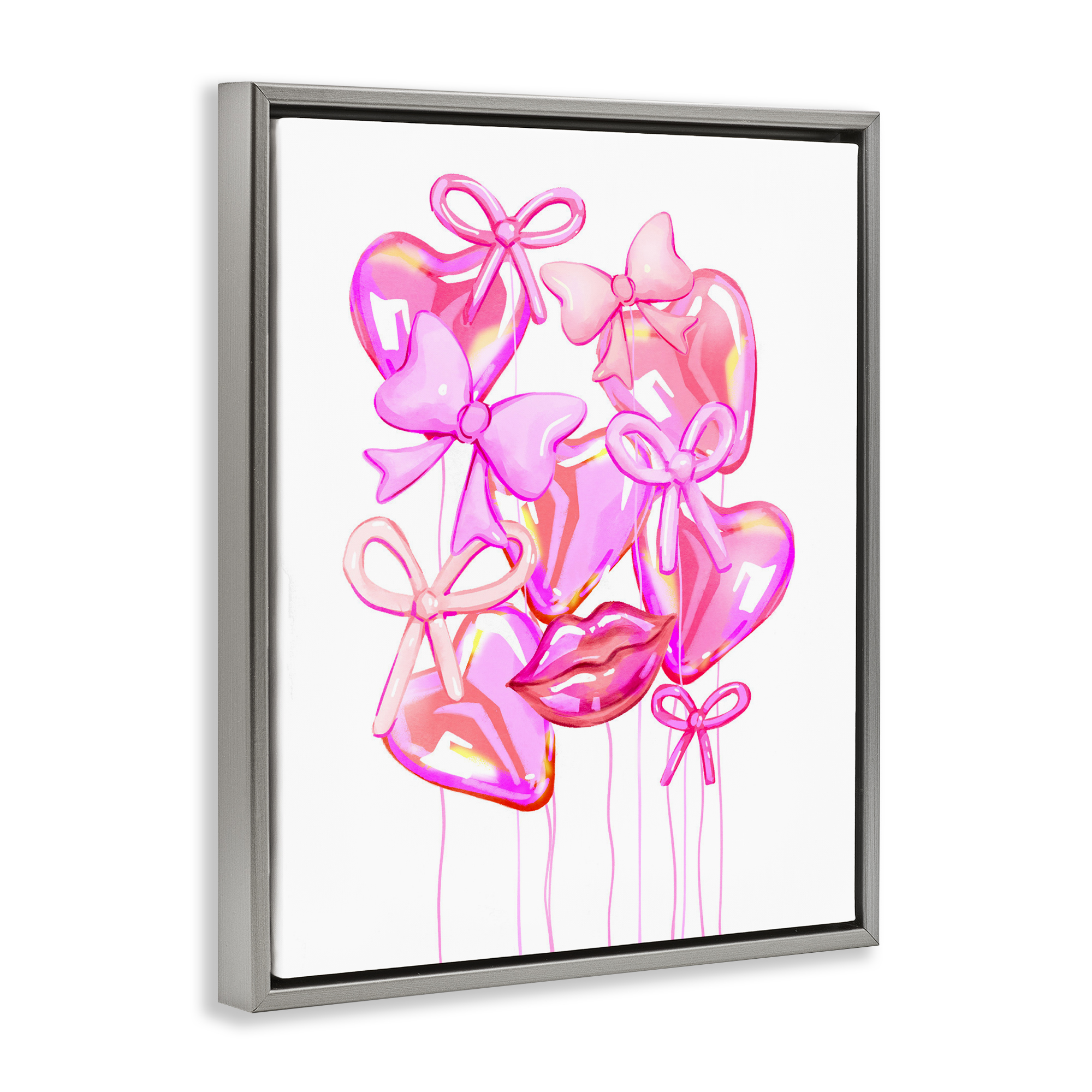 Pink Heart and Bow Balloons Gray Framed Floater Canvas Wall Art, design by Ziwei Li