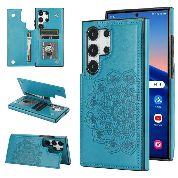 Dteck Embossed Flower Pattern Wallet Case for Samsung Galaxy S24 Ultra Magnetic Leather Card Slots Women Girl Case Shockproof Kickstand Flip Cover for Galaxy S24 Ultra,Blue
