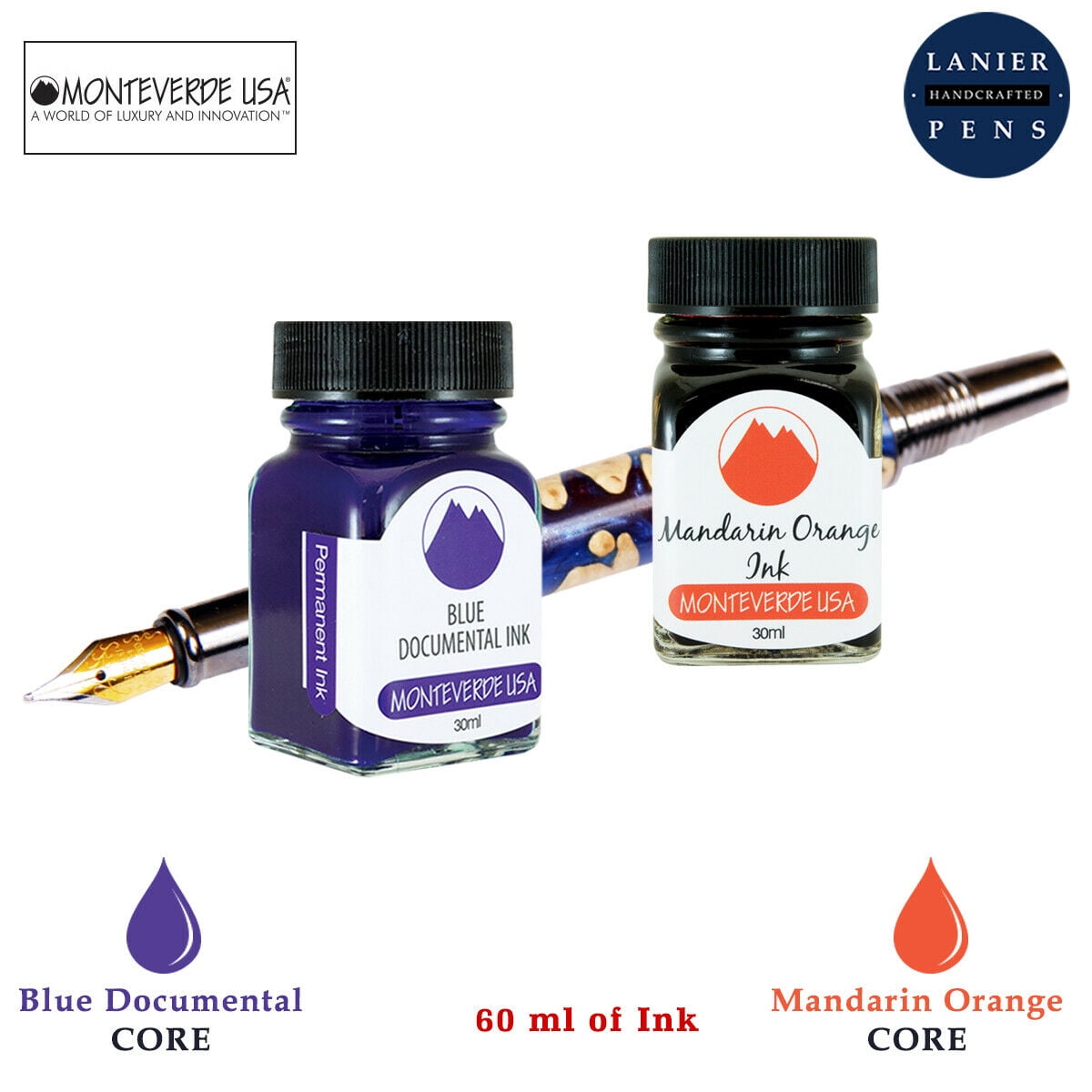 Monteverde 60ml Core Fountain Pen Ink Bottle (30ml Blue Documental Ink Bottle G309DU, 30ml Mandarin Orange Ink Bottle G309MO)