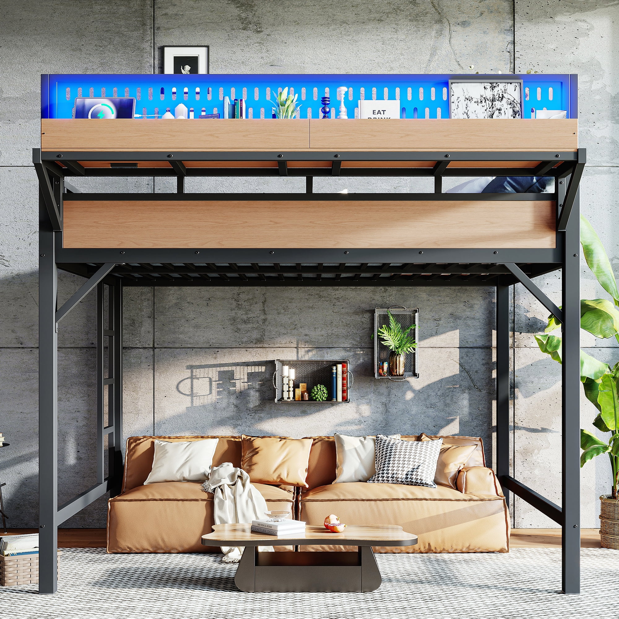 Mintazer Queen Size Loft Bed with LED Lights & Charging Station, Metal Loft Bed with Storage Shelves and Pegboard, Black & Natural
