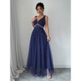 thumbnail image 4 of Navy Blue Sleeveless V-Neck Floor-Length Evening Gown With Faux Pearl Embellishment And Sheer Tulle Hem, 4 of 5