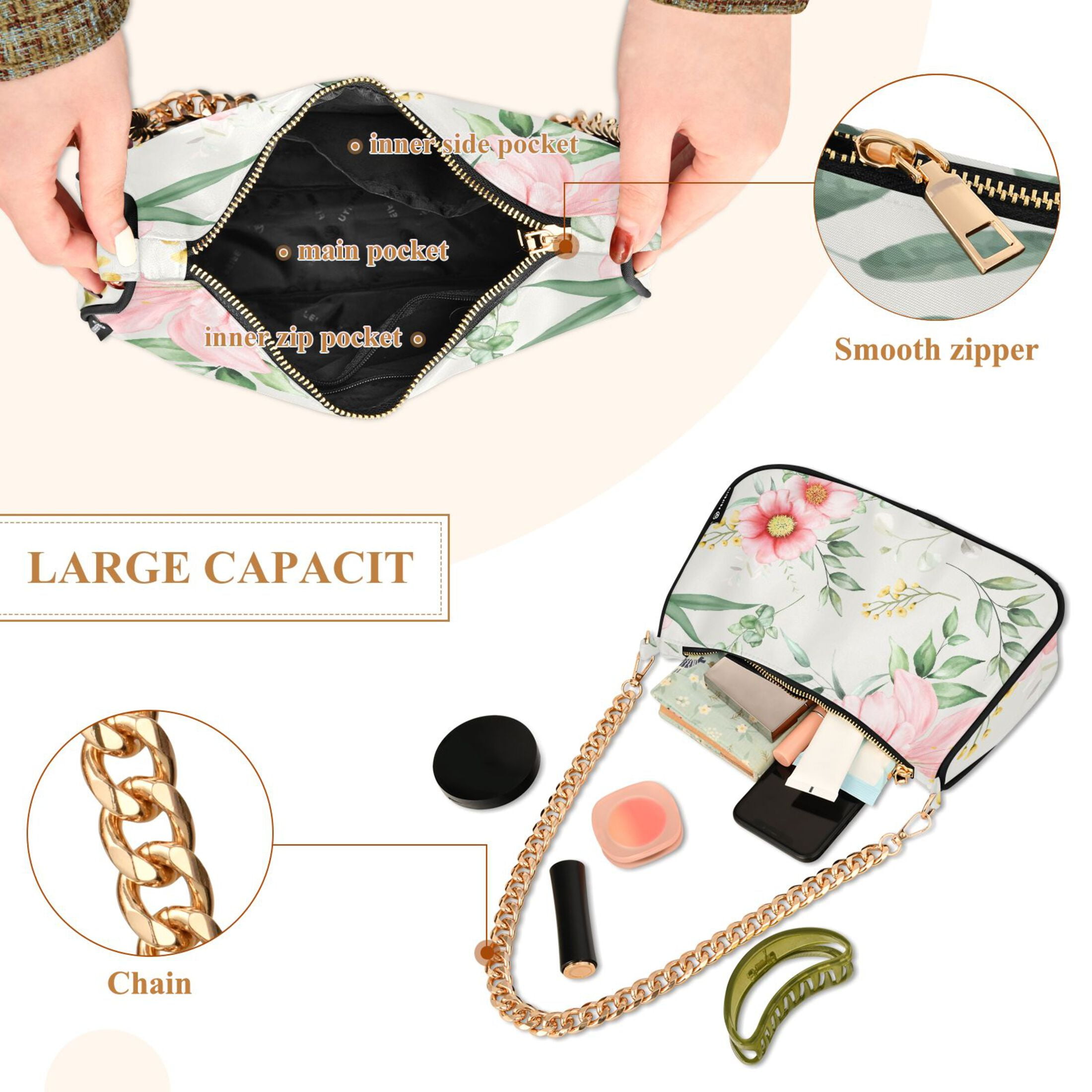 Flower Pattern Print Womens Chain Shoulder Bag Tote Handbag Clutch Hobo Purse with Zipper for Travel Casual