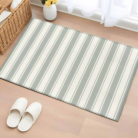 Green Stripe Bathroom Rug Washable 2x3 Entryway Rug Non Slip Modern Farmhouse Geometric Striped Front Door Mat Low Pile Indoor Doormat Throw Floor Carpet for Kitchen Bedroom Entrance