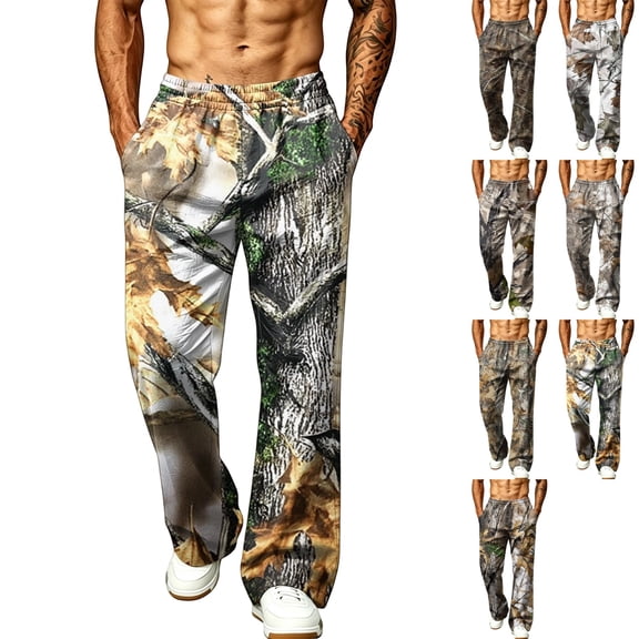 GrmtClth Camouflage Pants For Men Baggy Straight Leg Elastic Drawstring Waist Lightweight Hunting Streetwear Track Pants With Side Pockets Bronze L