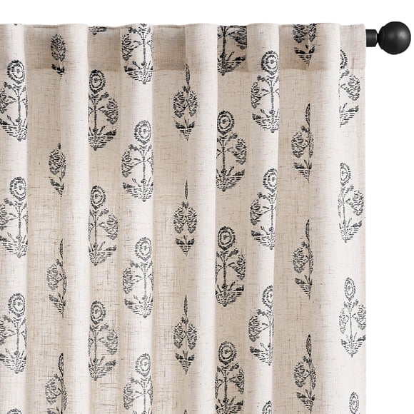 Cortinas Jinchan de lino con estampado floral, 214 cm de longitud, color negro, 2 paneles