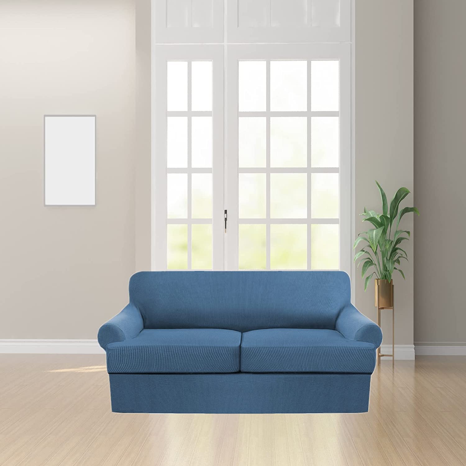3 Piece T Cushion Sofa Slipcovers Thick Couch Cover Furniture Protector Stretch T Cushion Sofa Covers for 2 Cushion Couch with 2 Individual T Cushion Covers Washable (Blue, Loveseat X-Large)