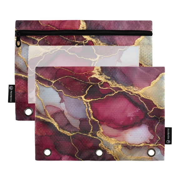2 Pack 3 Ring Binder Pouch with Clear PVC Window Water Resistant Zipper Pencil Pouch Wine-red Marble Binder Pocket for Classroom Office Home Stationery Organization
