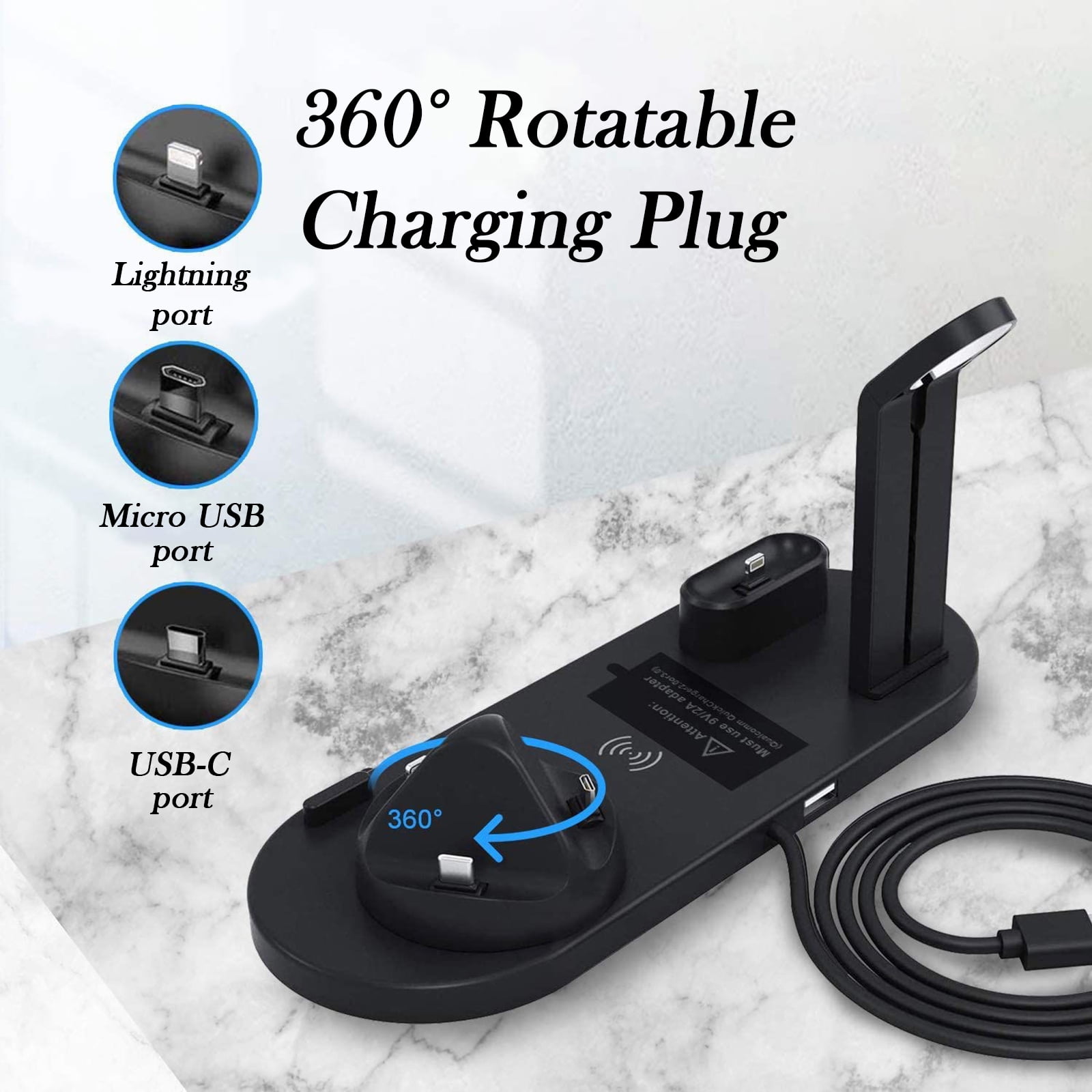 15W Fast Wireless Charging Stand - 360° Rotatable Charging Dock Station Multi-Interface for iPhone/Apple Watch/AirPods/Android