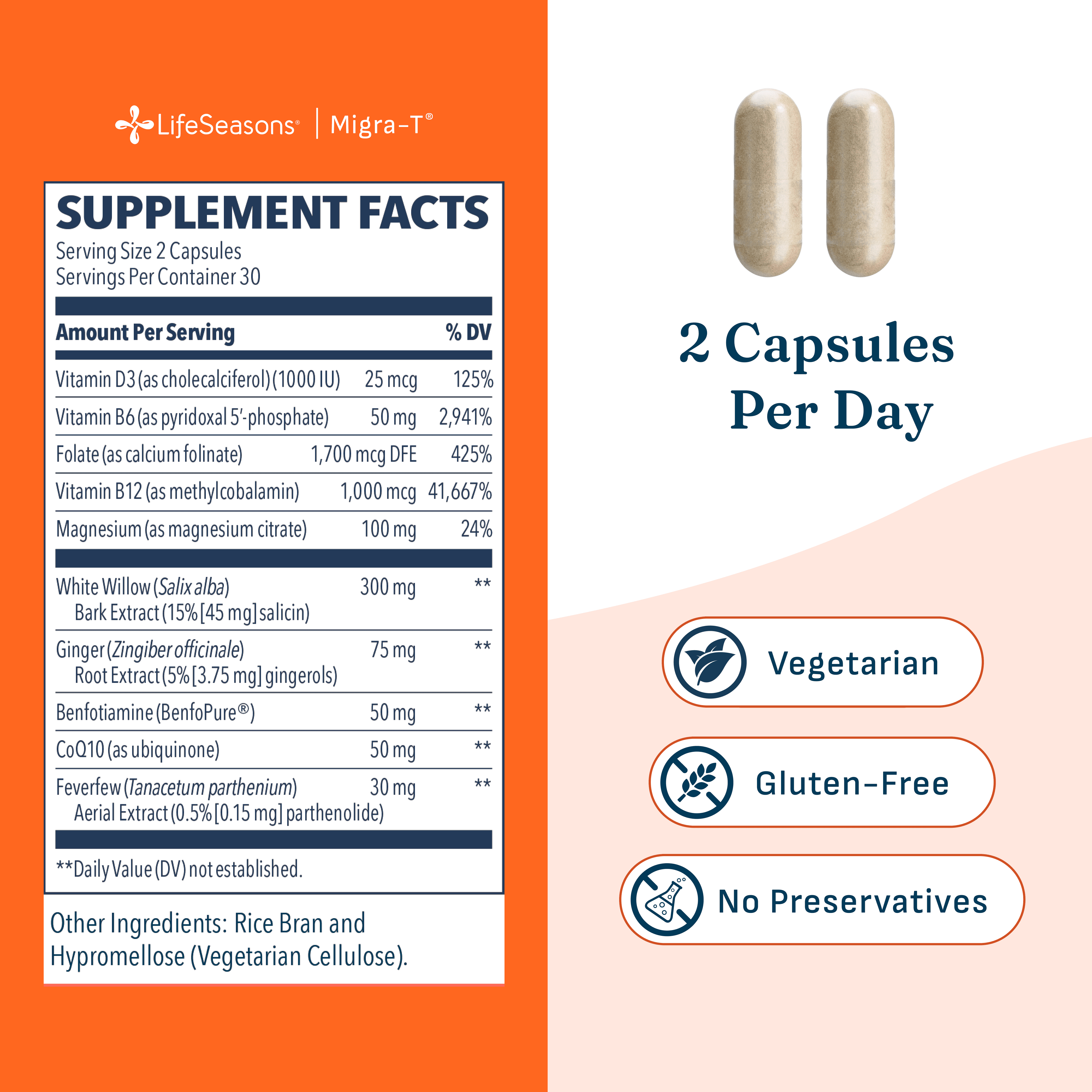LifeSeasons - Migra-T - Migraine Prevention & Relief Supplement - Support for Severe Headaches - Reduces Light Sound & Odor Sensitivity - Feverfew, White Willow, Magnesium Ginger & CoQ10-60 Capsules