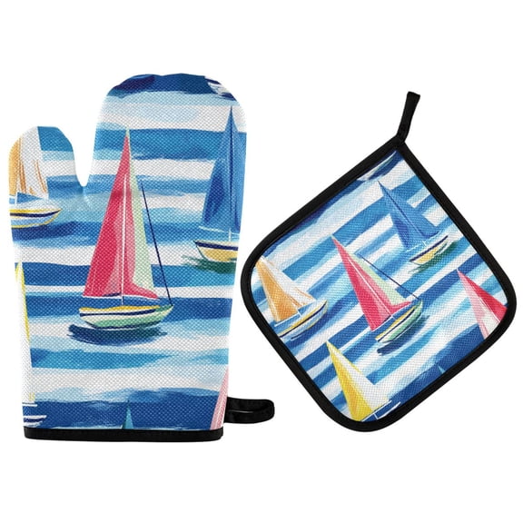 Yayeee Oven Mitts and Pot Holder Set of 2 Heat Resistant Kitchen Gloves Baking Hot Pad, Green Sailboats