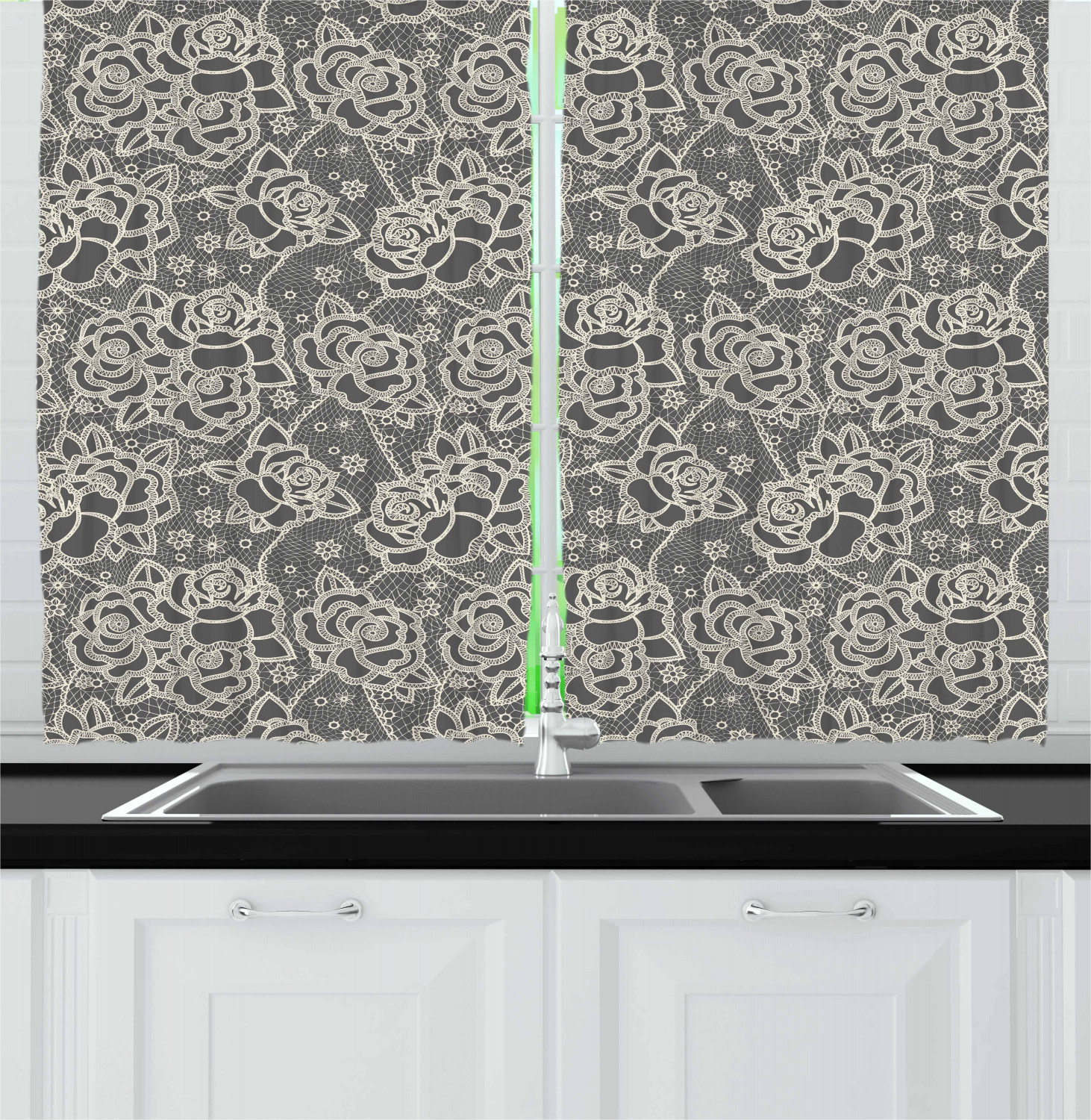 Vintage Curtains 2 Panels Set, Ornate Romantic Roses Pattern Lace Style Backdrop and Victorian Inspirations, Window Drapes for Living Room Bedroom, 55W X 39L Inches, Dark Taupe Cream, by Ambesonne
